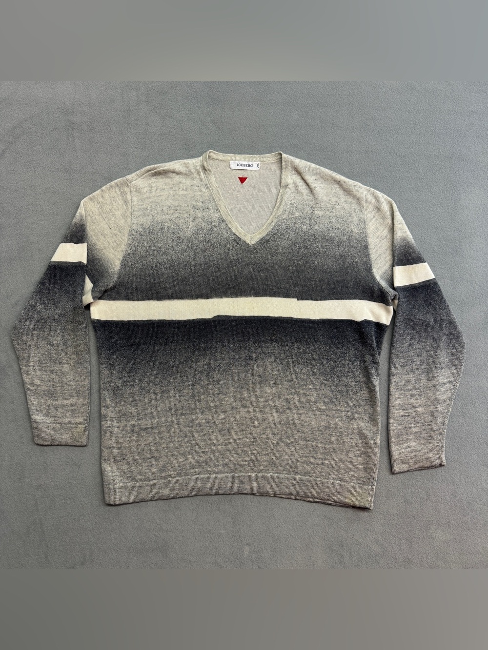 Iceberg Sweater XL Men's Cotton Linen Pullover V Neck Knit Gray Gradiant Italy